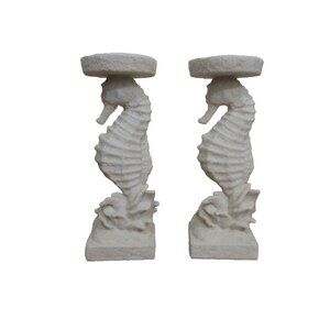 Set of 2 Sand Textured White Seahorse Pillar Candle Holders 10" x 3" Coastal NEW